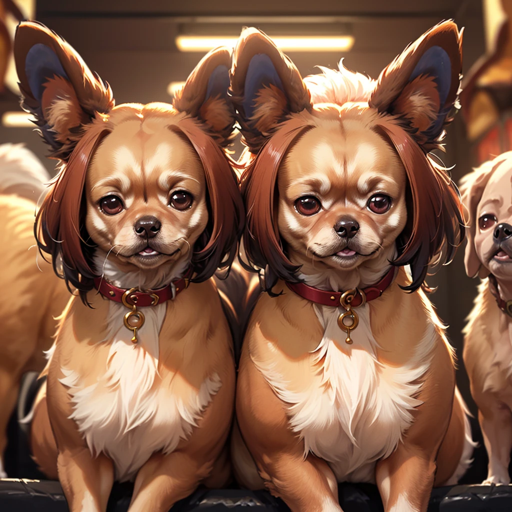 (8k, RAW Photo, Top Quality, Refined Details, Masterpiece: 1.2), (High Resolution 8k Wallpaper), Sharp Focus, Professional Lighting, Depth of Field, Cinematic Lighting, Background Blur, (Cerberus with Chihuahua face:1.7),The background is a large dog run with many dogs.