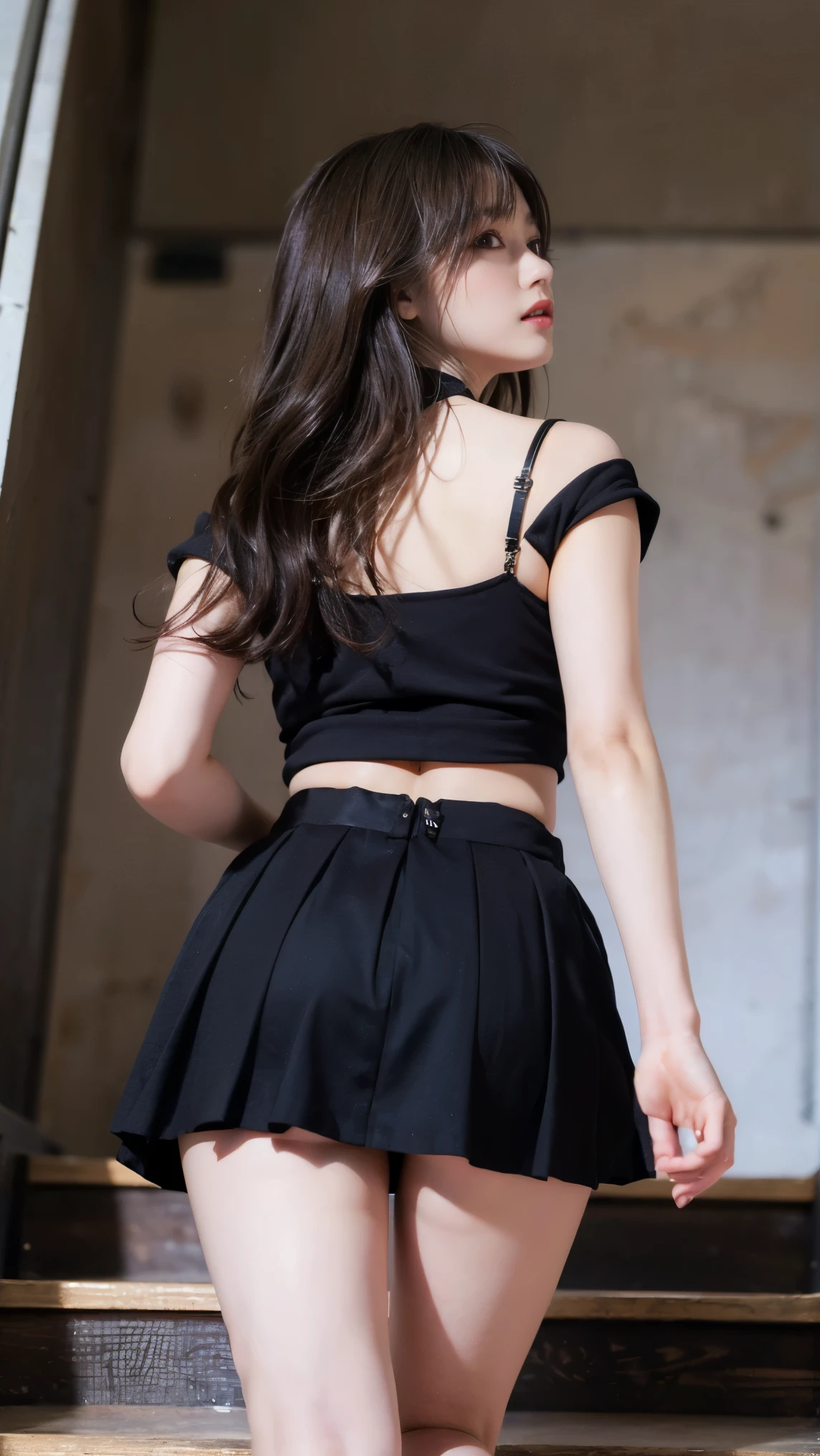 a beautiful Turki babyl, sheer shirt, ((low waist short skirt)) , thighhighs, skiny, skinny, sexy pose, ((back to camera)) Back to the viewer. kneeling, leaning forward, Maximum photorealism, narrow hips, legs spread, ((skirt lift by hand)) small lace panties