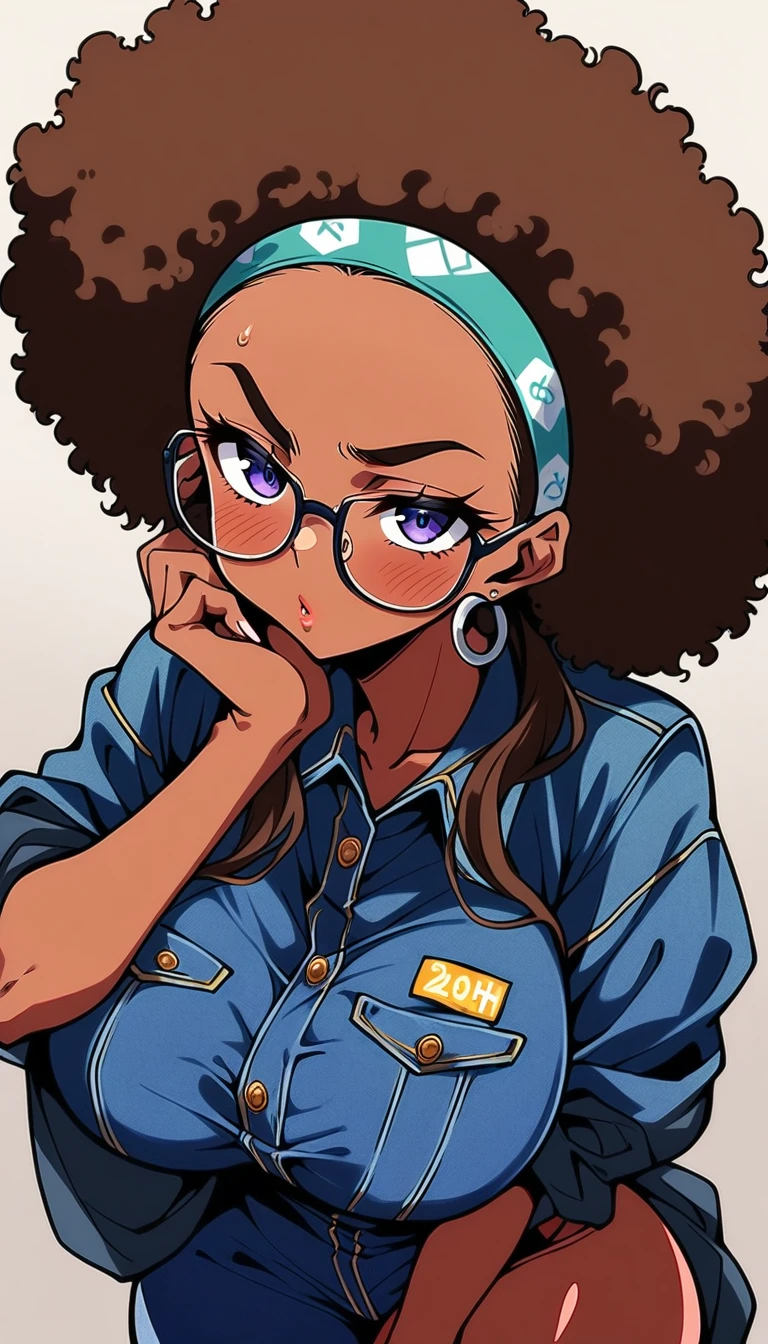 Beautiful adult black woman, 20th Generation, Dark Skin, Large Breasts、Big Ass、Glasses、Forehead、Afro、head band、ribbon、Denim jumpsuit