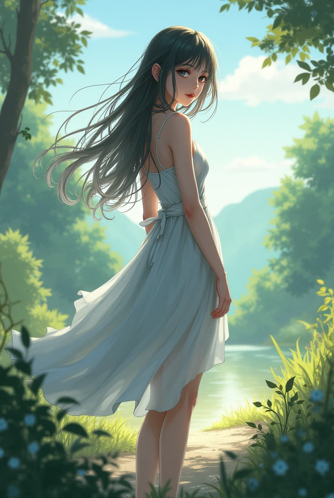 watercolor, 1girl, solo, long hair, black hair, dress, skirt hold, wading, sleeveless, barefoot, bare shoulders, standing, from behind, outdoors, cloud, sky, bird, water, rainbow,, colorful, vivid colors, best quality, absurdres, highest quality, amazing details, <lora:add_detail:1> <lora:MBHU-TT2FRS:0.8> <lora:envybetterhandsLocon_beta2:1.5>