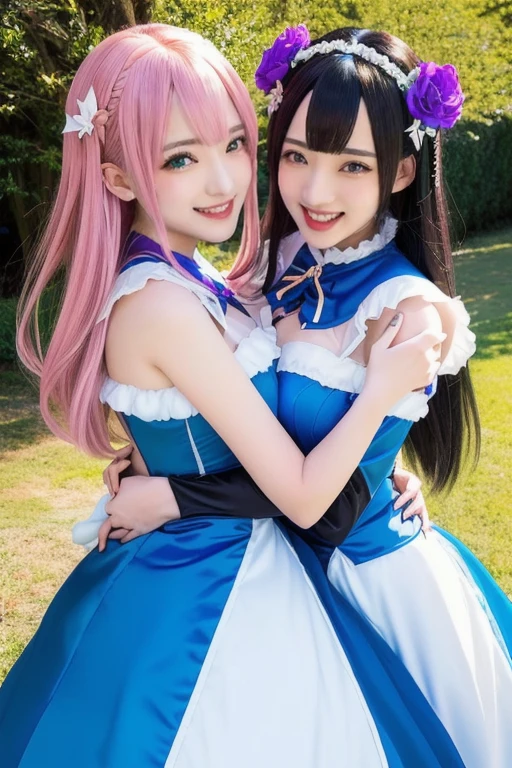 masutepiece,A hyper-realistic,32K,the Extremely Detailed CG Unity 8K Wallpapers, Best Quality,2 girls,(Hugging each other:1.2),(Wearing colorful latex classic mediaeval gown:1.3),(Fishnet stockings are worn tight:1.1),beautiful glowing blue eyes,Rainbow Twin Tail Hair,Full body shot,In front of castle,A smile