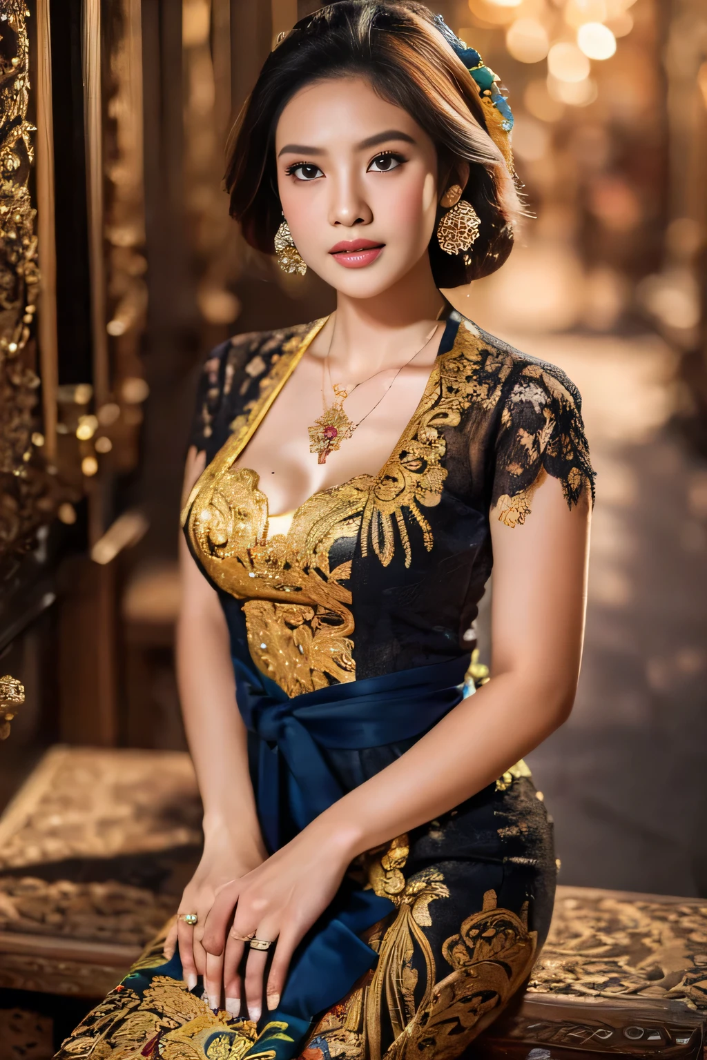 a beautiful girl, detailed body tattoos, wearing kebaya dress, beautiful detailed eyes, baby face, cute girl, huge breasts, big cleavage, earrings, necklace, Javanese ornaments, spread legs, open your pussy, photorealistic, 8k, masterpiece, highly detailed, digital painting, vibrant colors, dramatic lighting