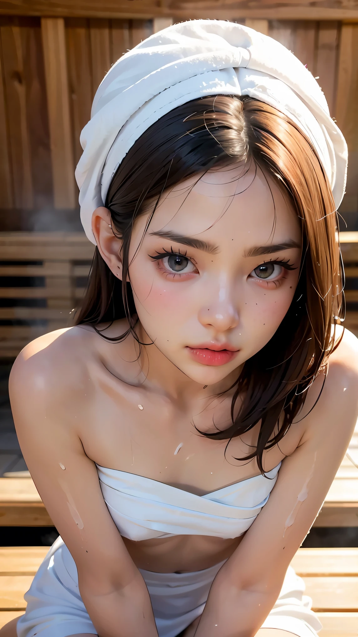 Best quality, masterpiece, real picture, (photorealistic: 1.2), ultra high resolution, exquisite, ultra detailed, soft lighting, detailed face, very beautiful skin, very beautiful face, movie lighting, soft lighting, fine skin, 1 girl, Japan person, bathroom, bath, wet hair, (towel fabric: 1.3)