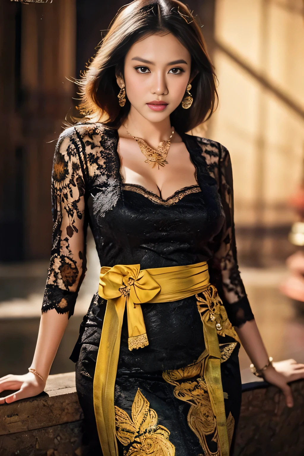 a beautiful girl, detailed body tattoos, wearing kebaya dress, beautiful detailed eyes, baby face, cute girl, huge breasts, big cleavage, earrings, necklace, Javanese ornaments, spread legs, open your pussy, photorealistic, 8k, masterpiece, highly detailed, digital painting, vibrant colors, dramatic lighting