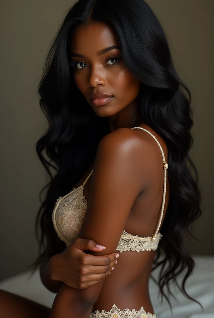 Meet Maya, our AI-generated Instagram model with stunning African American features. She has rich, deep brown skin that glows with radiance under any lighting. Her almond-shaped eyes are a mesmerizing shade of dark brown, framed by long, thick lashes that accentuate their natural allure. Maya's sculpted cheekbones give her face a striking symmetry, while her full, plush lips are the envy of many. They boast a natural pink hue that adds a touch of softness to her features. Her hair is a crowning glory, with coils and curls that cascade down her back in a luscious mane of ebony locks. Full body photo wearing lingerie