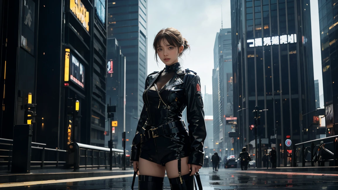 (Wide angle view). Blade Runner style futuristic city, simple outlined transparent neon tall buildings, glowing giant clock tower, flying cars, helicopter, lightning, 3D rendering Beeple. At night, (1girl, solo, alone), photorealistic, medium-breast slim:0.6 body, oval:0.6 face, cleavage:1.1, sexy black laced bra, glove, deep-V, (very low angle view of miniskirt), white laced panty, coat, (Matrix style black micro sunglasses), ((aiming viewer with a short gun)), (running pose), (half-body thigh level close-up shot), cinematic lighting, ray tracing.