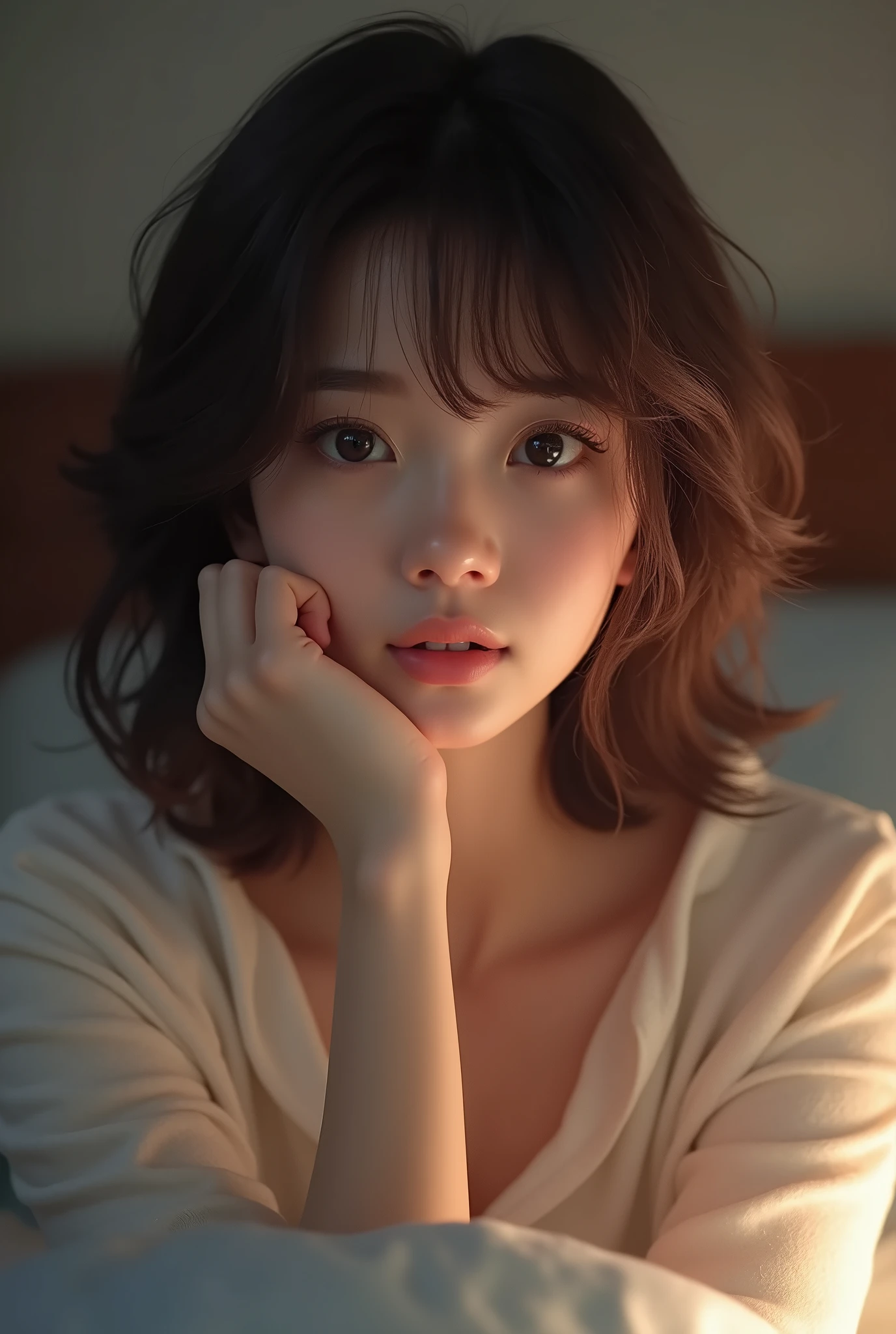 Japanese beauty、High nose、Grin、beautiful、Shortcuts、Brown Hair、pajamas、night、bed、Emotional atmosphere、High resolution, masterpiece, accurate, Textured skin, Very detailed, Retina, 高quality, quality, High-resolution model, detail, Real、Realistic、8k、4K