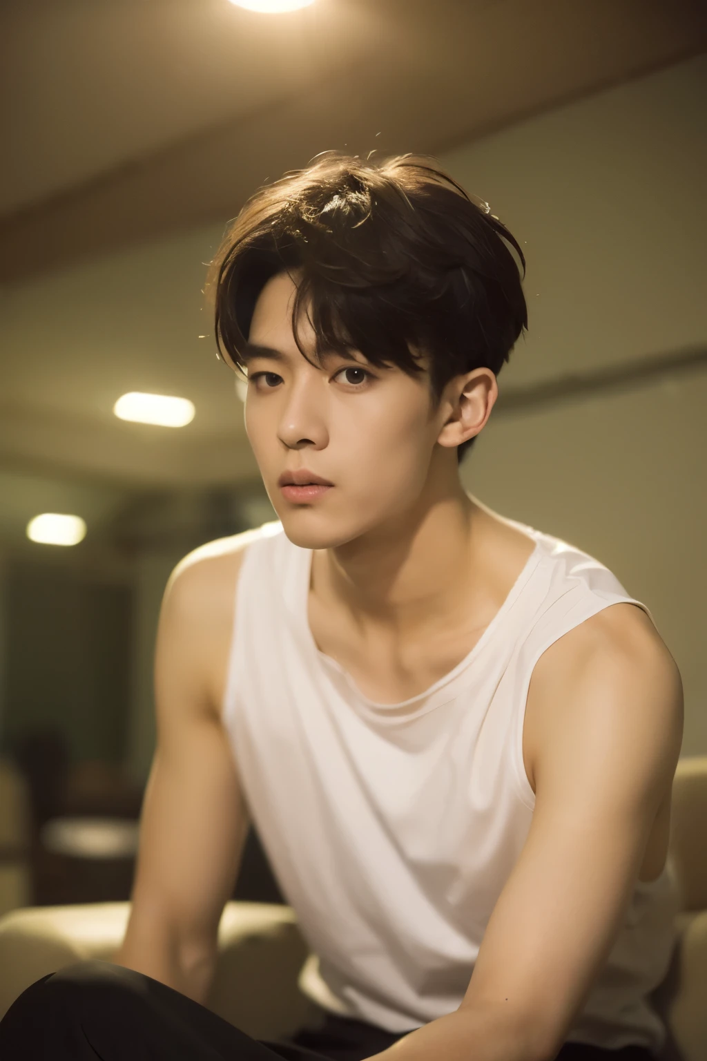 (Full body:1.2)、((top-quality、​masterpiece、photographrealistic:1.4、in 8K))、Cool Asian Men１a person、25 years old、Well-formed face、Eyes and faces with detailed、Beautiful lighting、Textured skin、Super Detail、high detailing、High quality、hight resolution、（looking at the viewers）、Opening Mouth、Detailed mouth、(Wear a plain T-shirt:1.2)