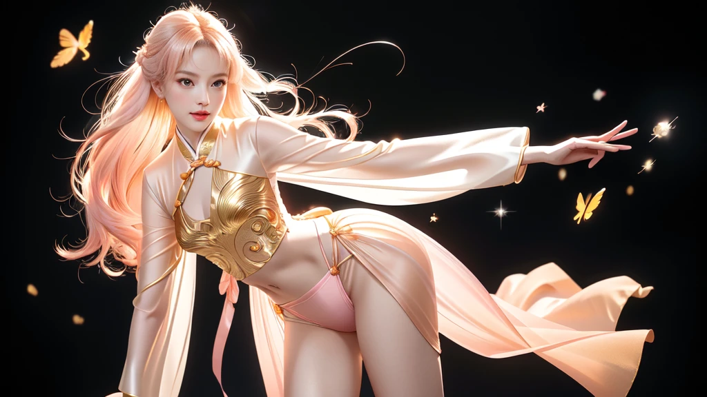 Unbeatable masterpiece, ultra realistic 8k cg, Perfect artwork, ((perfect women figure)), elf, Adult, Cute, big thigs,Pink hair, Absurdly long hair, Green eyes, Beautiful detailed eyes,standing, Mature female, A MILF, Narrow waist, chinese deity, view the viewer, Seductive posture, Sexy pose, Alluring, Clean, Beautiful face, Pure face, Pale skin, (:0.8,Pubic hair ),( Small breasts, NSFW,puffynipple ), （Spidey）, Shiny skin, skin indentation, Lace, Lace trim, lace-trimmed legwear, Delicate pattern, intricately details, (Rich:2), prestige, Gorgeous, luxury goods, Royal Palace, jewelry, Pedras preciosas, gold, Silver, Diamond, Reflectors, Sapphire, Ruby, Emerald, the pearl, amber, obsidian,Close-up portrait of a pretty girl, Leaning forward, Beautiful hands,five fingers on one hand,bule skirt, Pink panties,Side tie panties,Delicate pattern,intricately details,(Detailed facial features),(detailed clothes features),intricate underpants,long leges,elaborate earrings,intricate jewelry, headdress,(translucent glossy white latex highleg long sleeve bodysuit:1.2),Yellow Hanfu:2,Side tie panties,skin tight,pendant,