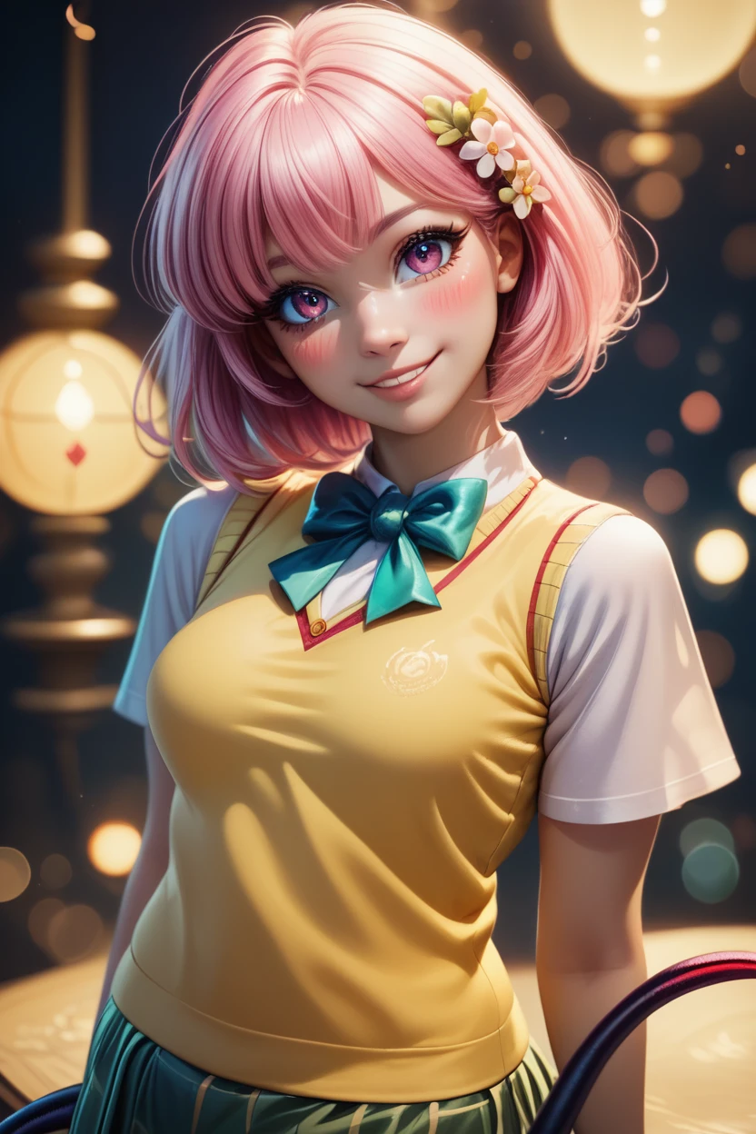 score_9, score_8_up, score_8, medium breasts, (ultra realistic,32k, masterpiece:1.2),(high detailed skin:1.1),( high quality:1.1), (curvy), cute, eyelashes,   1girl, solo, looking at viewer, tlrmomo, pink hair, hair flower, green bowtie, yellow sweater vest, white shirt, short sleeves, demon tail, standing, head tilt, curvy, smile, blush,   bokeh, luminescent background,