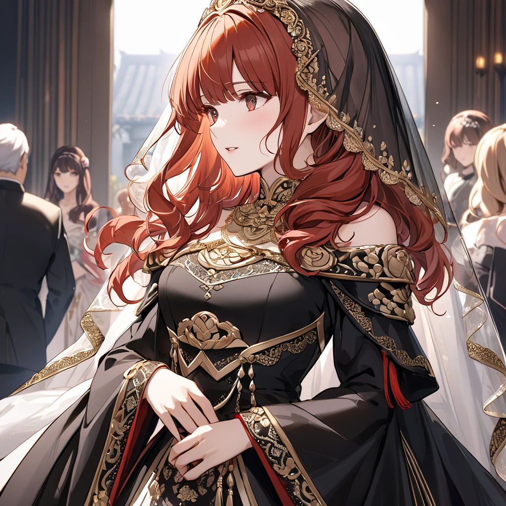 ((Highest quality)), ((masterpiece)), (detailed), （Perfect Face）、The woman who is getting married to the old, strong Emperor is a Celica with red hair.、The woman is wearing a black wedding dress with rich gold embroidery and trim, and a black wedding veil.