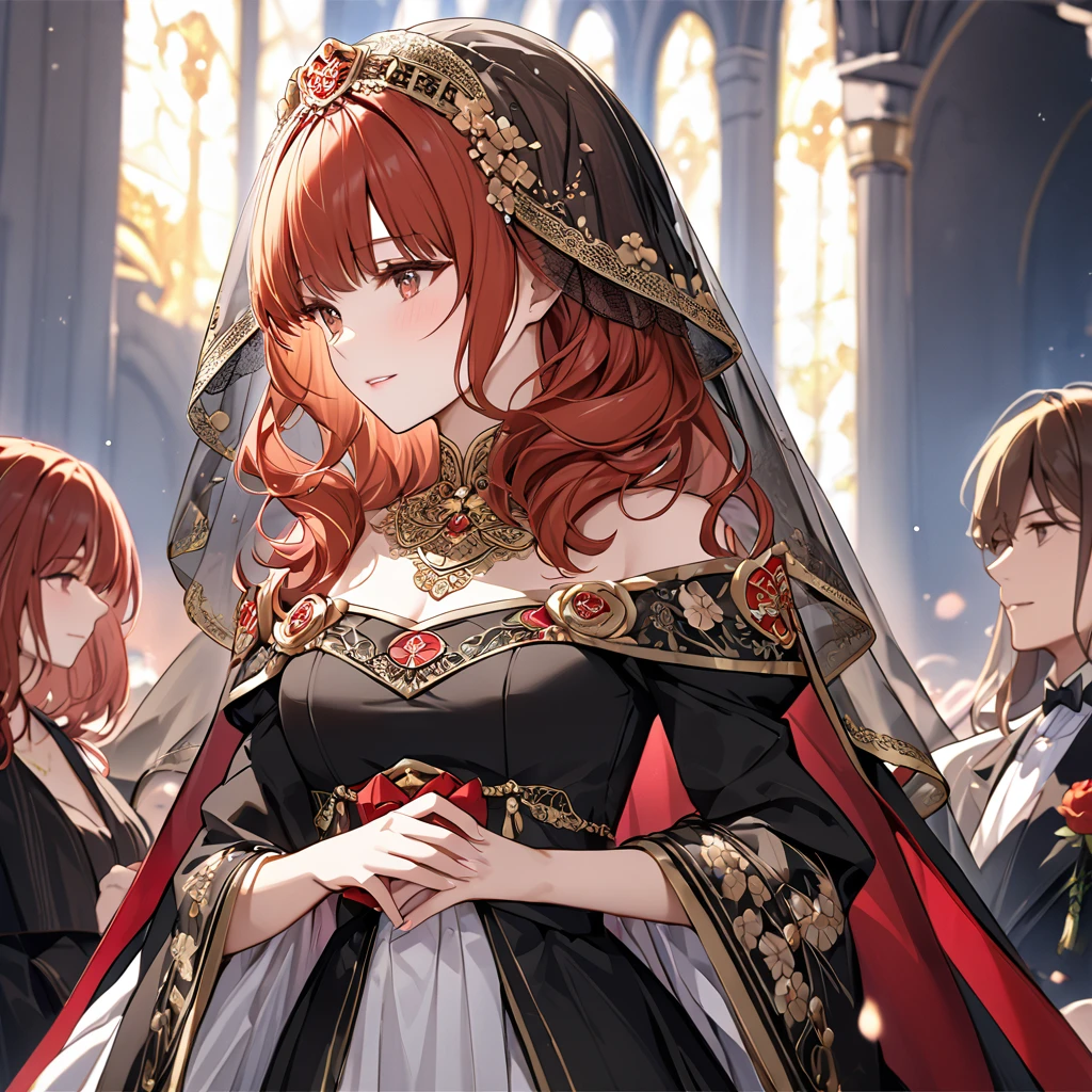 ((Highest quality)), ((masterpiece)), (detailed), （Perfect Face）、The woman who is getting married to the old, strong Emperor is a Celica with red hair.、The woman is wearing a black wedding dress with rich gold embroidery and trim, and a black wedding veil.