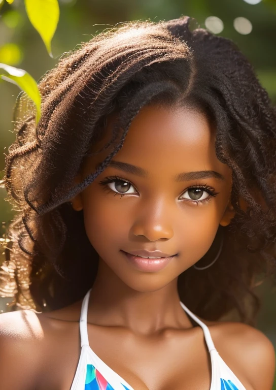 (portrait, editorial photograph) (beautiful black girl), adorable face, long brown curly hair, hazel eyes, by lee jeffries, nikon d850, film stock photograph ,4 kodak portra 400 ,camera f1.6 lens ,rich colors ,hyper realistic ,lifelike texture, dramatic lighting, (highly detailed face:1.4), perfect eyes, realistic iris, perfect teeth, (smile:0.7), (background dark, shadow of the leaves, moody, cleavage), sun rising, early morning light, Wishing for something, masterpiece, best quality, photorealistic, Citizen of Guinea-Bissau, very cute super model, perfect anatomy, skinny, ((1 girl)), (colorful reflections in the eye), (nudist), (smiling, white teeth), small nipples, ((((  bikini )))), (((( large breasts ))))