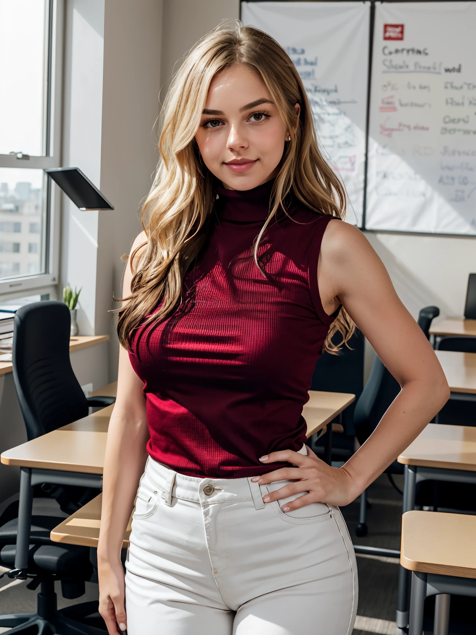 woman wearing sleeveless turtleneck, BREAK, woman, standing, side pose, hand on hip, cotton turtleneck, sleeveless, detailed texture, gigantic breasts, detailed face, looking at viewer, (smile:0.4), shy, long wavy hair, blond ombre hair, sideboob, sharp focus, school office room, blurry background, bokeh, red clothing with flower patterns, white lace-trimmed details,