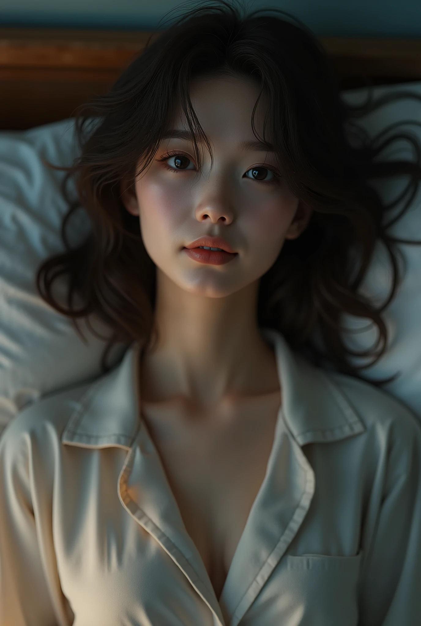 Japanese beauty、High nose、Grin、beautiful、Shortcuts、Brown Hair、pajamas、night、bed、Emotional atmosphere、High resolution, masterpiece, accurate, Textured skin, Very detailed, , 高quality, quality, High-resolution model, detail, Real、Realistic、8k、4K、3D Rendering, 8k octane, Surrealism, 