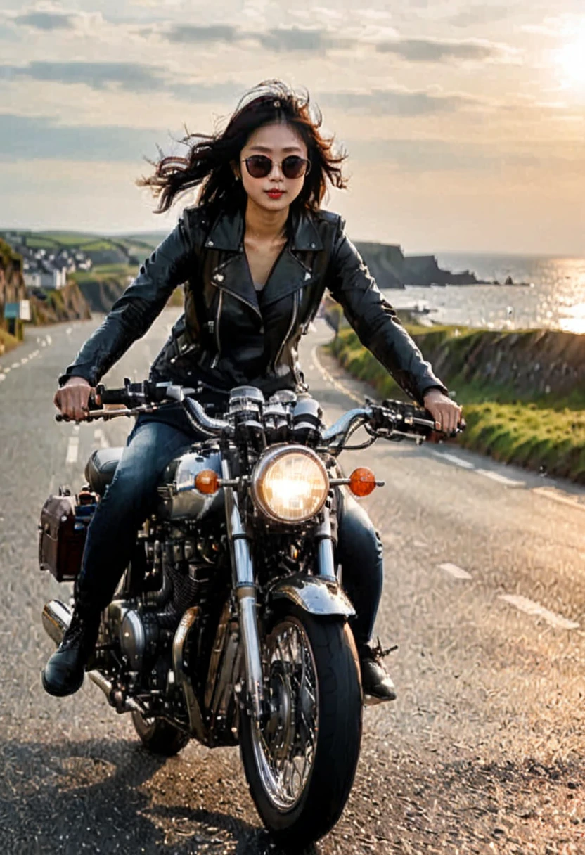 (Backlight:1.4)、(The motorcycle and rider are silhouetted in the setting sun.:1.4)、(The sun sets:1.2)、(Ride a classic motorcycle:1.2 )、(Vintage Bikes、Bluff Superior SS100)、Beautiful young Japanese woman、Beautiful Face, Black Hair, Short Bob Hair, Red classic leather jacket、sunglasses、(Accurate motorcycle shape)、(Photograph the entire motorcycle:1.2)、 BREAK Coastal road with ocean view、After the Rain、British coastal scenery、Blur the background、Artistic photography、Motion Blur、Realistic、High Contrast、(Highest quality, masterpiece, High resolution)、8k、wallpaper、