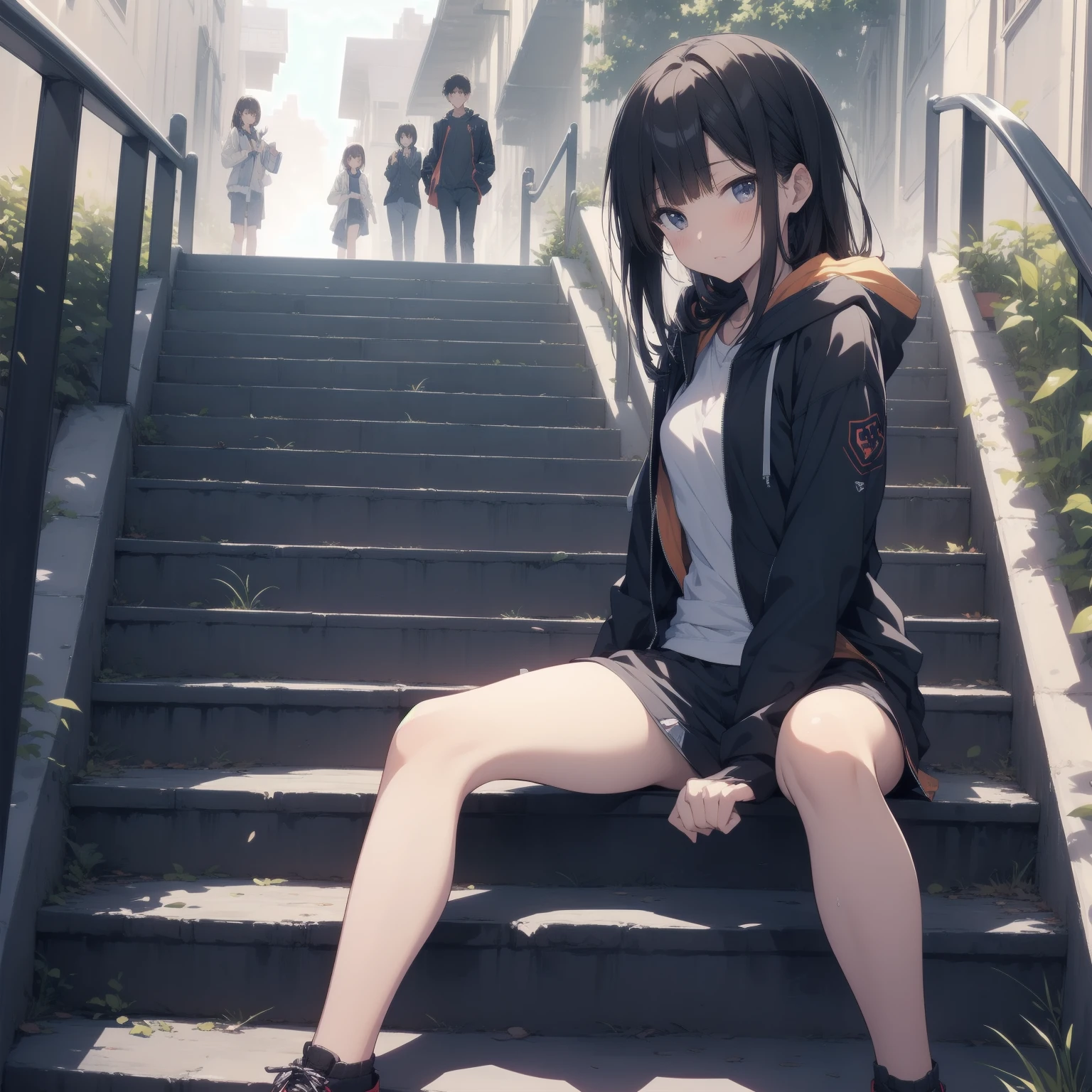 ultra-absurdres-Top quality by artist God, ultra-detailed, high resolution, anime moe artstyle, best anime 8k konachan wallpaper, pixiv contest winner, perfect anatomy,break, 1girl, (Please draw a girl sitting on stairs alone. )break,(Solo,little female, loli_face,14yo:1.3),glasses, small breasts, beautiful (well-shaped) breasts, (white bra:1.1), navel, groin, butt, small black eyes, beautiful detailed eyes, well-proportioned iris and pupils, highres detailed hair, sweat, expressionless, hoodie, sporty shorts, (Detailed Lighting), (Detailed background), outdoors, stairs. break,super detailed skin, shiny skin, Best sexual lighting powered by famous artist, 8k,beauty illustration,photoshop_(medium),very aesthetic,break,((artist:takeuchi_takashi )), artist:clamp ,artist:carnelian ,artist:kantoku ,