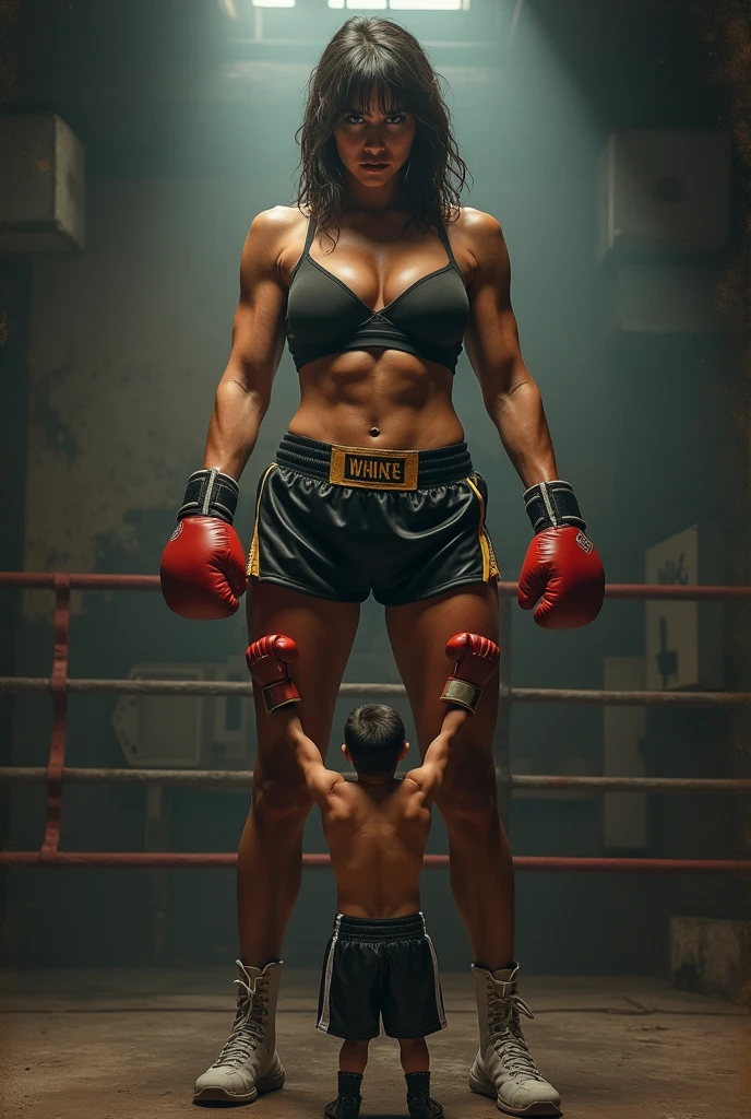 A tall boxer woman fights with a short man. The woman is so tall that the man cannot hit her. The characters remain the same. The woman knocks the man down. The woman wins. The man fights 5 people but the woman has one special feature. She grows taller. Men cannot even come close to her butt. That woman has defeated 40 men and she will grow even taller.