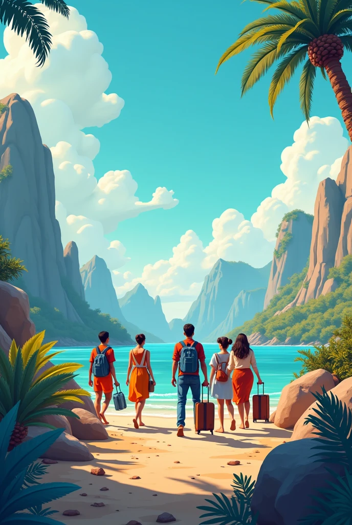 A fun scene of a family unpacking lots of luggage from their pockets at a resort.