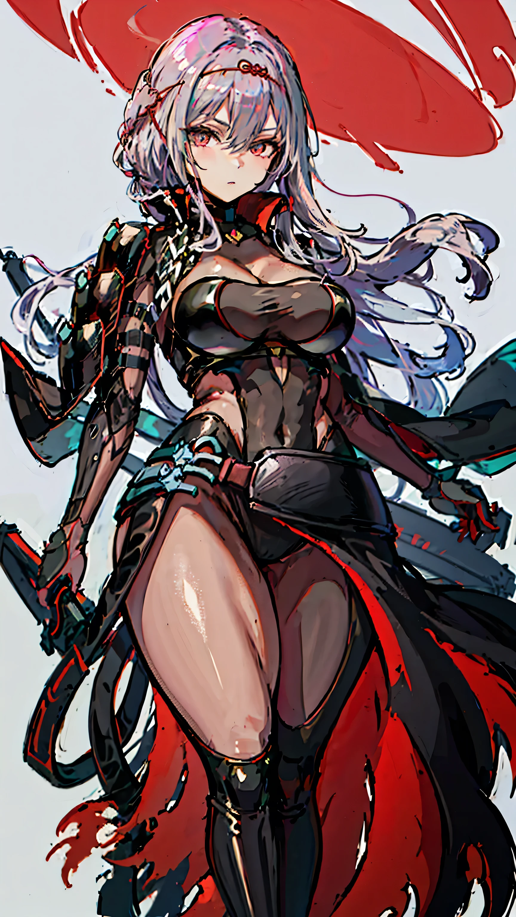 Highest quality,8k,masterpiece,red lotus(Black Shadow),Nike, Goddess of Victory, One Woman,Voluptuous body,Perfect Anatomy,Silver Hair,Beautiful Eyes,Large Breasts,scarletbs,Sharp Eyes,Perfect line drawing