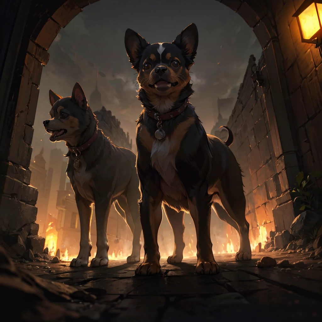 (8k, RAW Photo, Top Quality, Refined Details, Masterpiece: 1.2), (High Resolution 8k Wallpaper), Sharp Focus, Professional Lighting, Depth of Field, Cinematic Lighting, Background Blur, Create an image of a mythical creature Cerberus with three Chihuahua faces. The body of Cerberus should have traditional black fur and appear muscular and powerful. The background should resemble a mystical entrance to the underworld, with a dark and foggy atmosphere. Each Chihuahua face should have a different expression: one should look menacing, another curious, and the last one joyful.