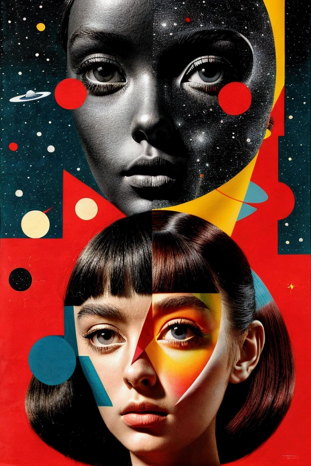 A mid-century modern collage GIRL SOLA , shapes from fashion and science magazines and text books, of 2001: A Space Odyssey film poster --q 2 --v 5 --ar 3:4 (