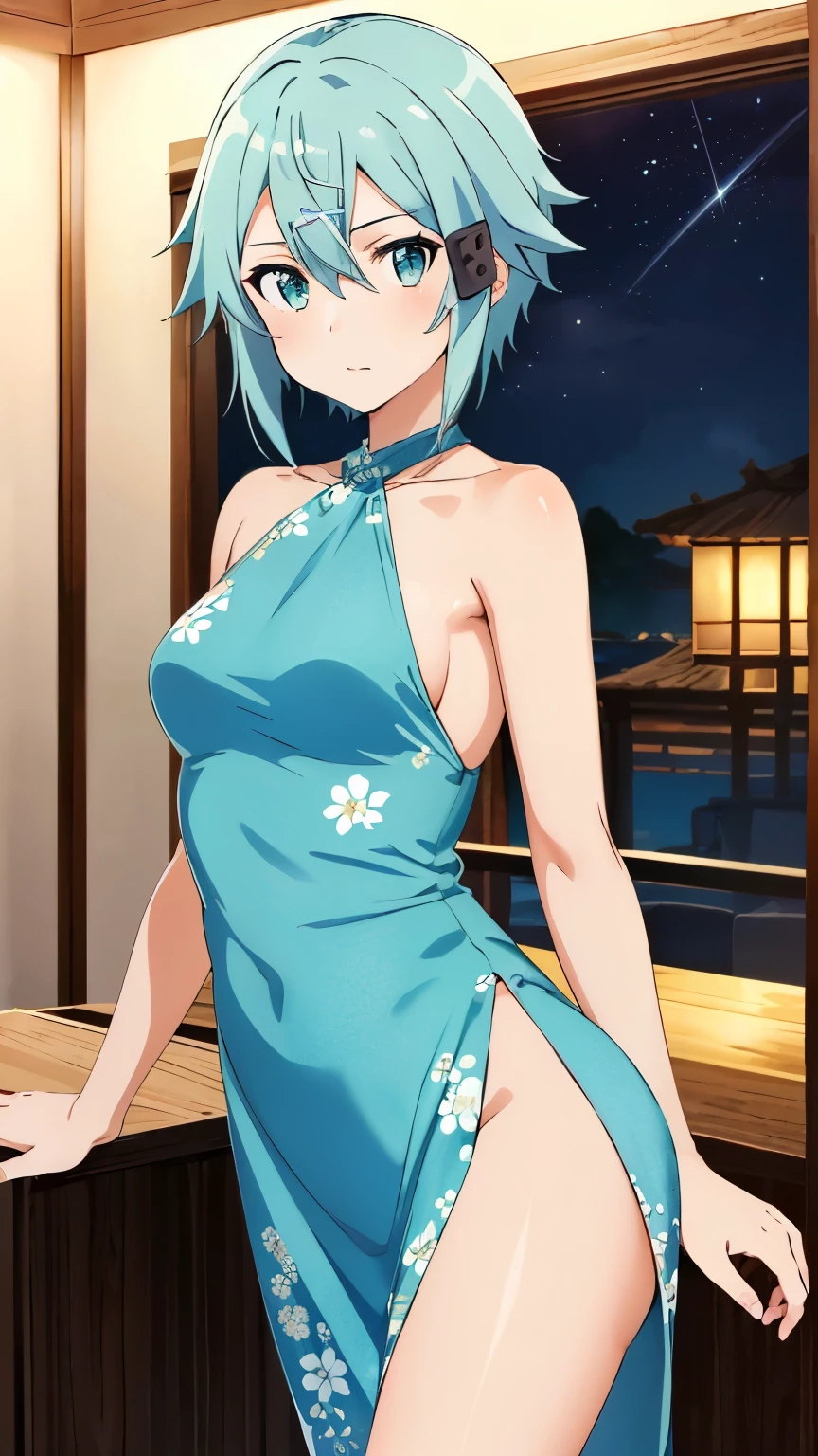 (Top Quality, Masterpiece, 8k:1.2), Ultra Detailed, High Resolution, (Anime:1.3), 1 Girl, Solo, EPsoaSinon, Short Hair, Light Blue Hair, Detailed Jewel Eyes, Hair Between Eyes, (Hair Accessory:1.2), Hair Clip, Side Locks, Small medium breast, ((wearing halter_dress, flower pattern, sleeveless, side boob, thighs, Night, Western-style room)), dynamic Angle, Cowboy Shot,looking at viewer,