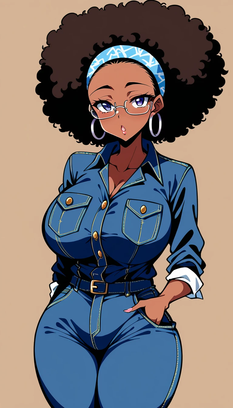 Beautiful adult black woman, 20th Generation, Dark Skin, Large Breasts、Big Ass、Voluptuous、Glasses、Forehead、Afro、head band、ribbon、Denim jumpsuit