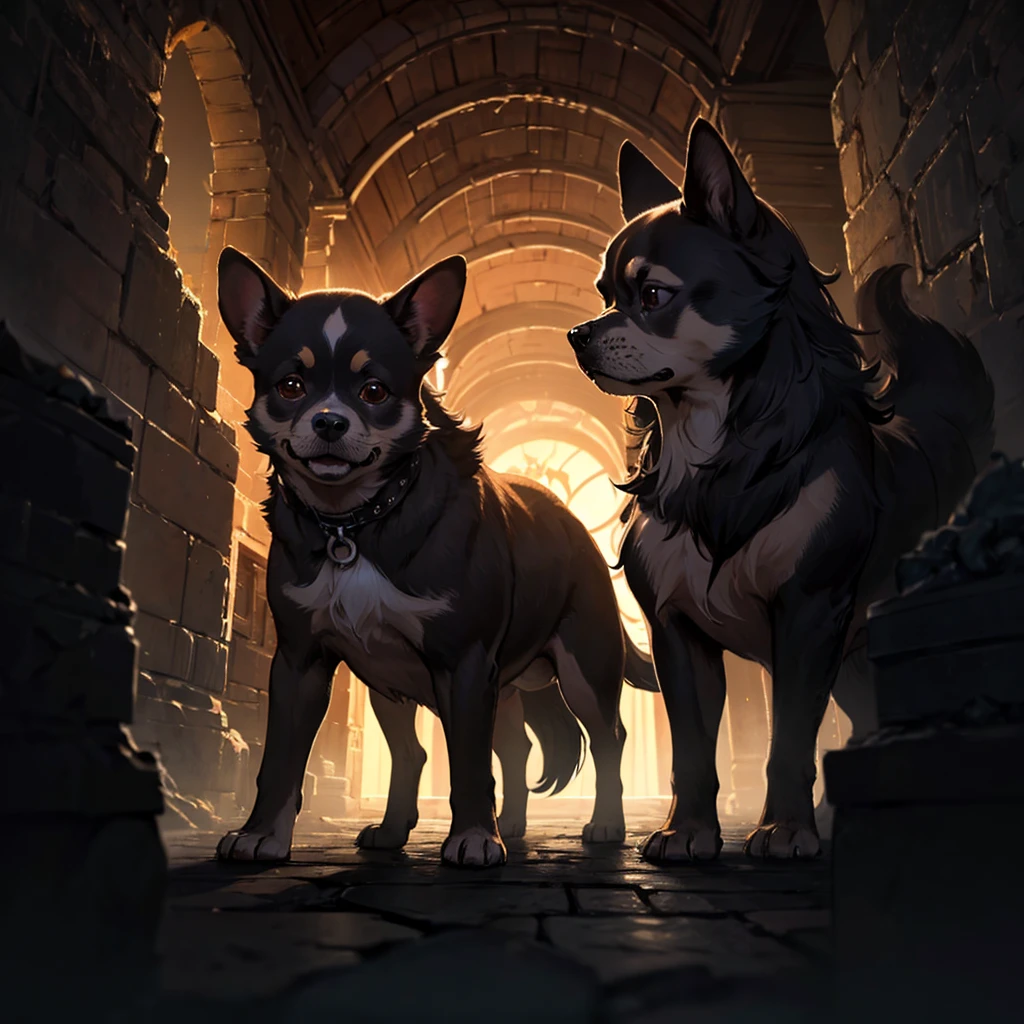 (8k, RAW Photo, Top Quality, Refined Details, Masterpiece: 1.2), (High Resolution 8k Wallpaper), Sharp Focus, Professional Lighting, Depth of Field, Cinematic Lighting, Background Blur, Create an image of a mythical creature Cerberus with three Chihuahua faces. The body of Cerberus should have traditional black fur and appear muscular and powerful. The background should resemble a mystical entrance to the underworld, with a dark and foggy atmosphere. Each Chihuahua face should have a different expression: one should look menacing, another curious, and the last one joyful.