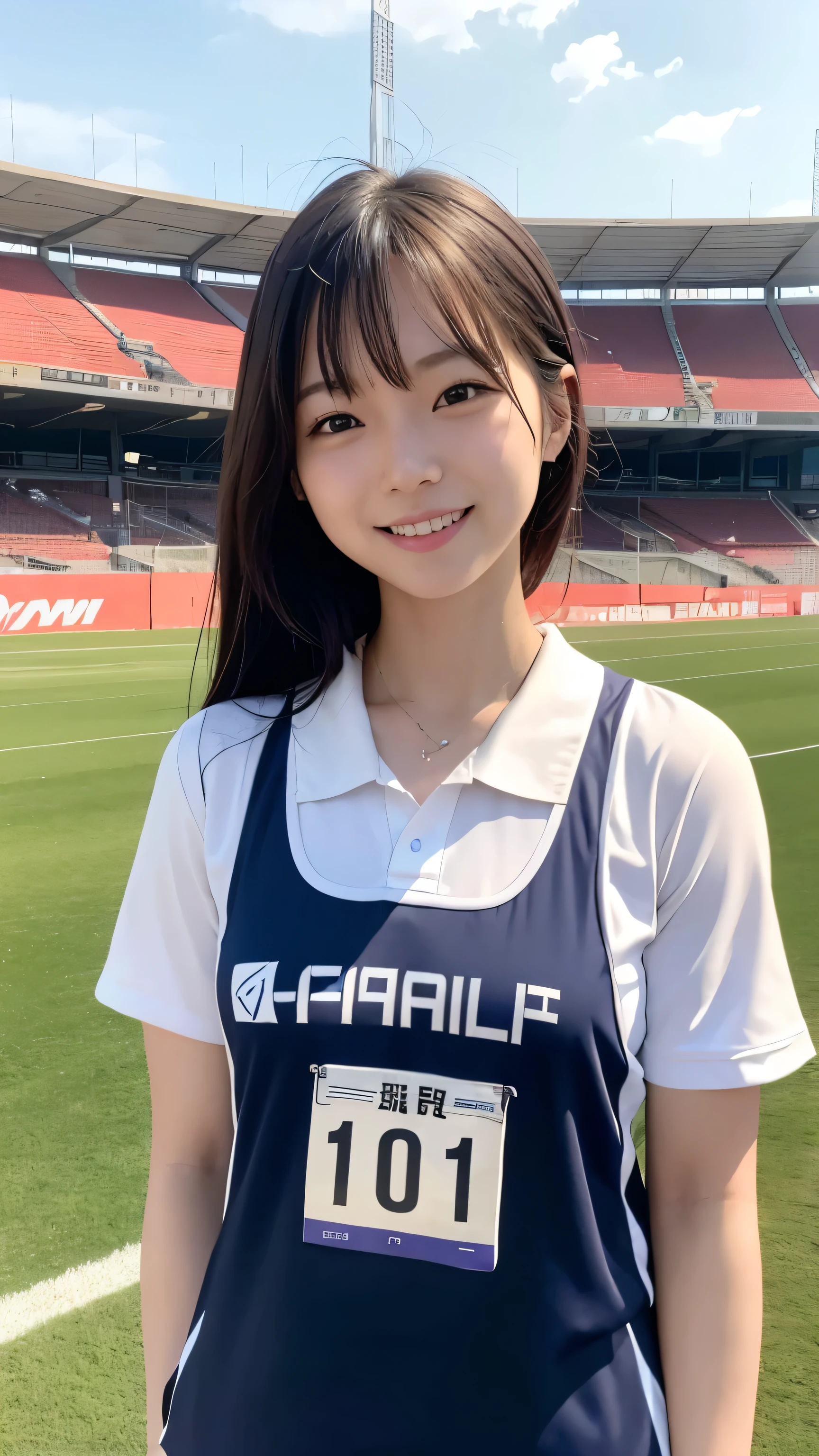 Highest quality、Realistically、Radiant Skin、Japanese women、Around 20 years old、Gravure idol、Athletics stadium with spectators、Track competitions、Roman numeral bib number、Uniforms with manufacturer logo、Pose with a smile、Five fingers、