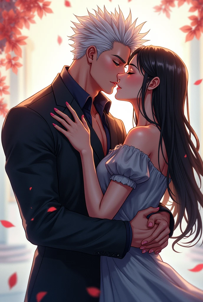 (extreamly delicate and beautiful:1.2), 8K, (tmasterpiece, best:1.0), Two male, One female, Upper body body, black-haired, silver hair, red dark hair, love triangle, 2 male 1 female - love triangle