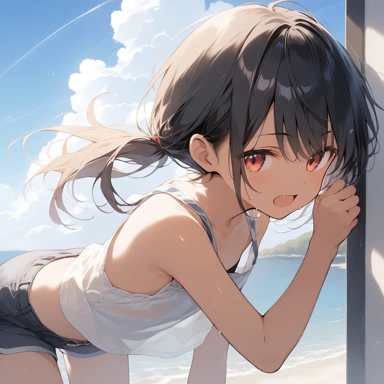 score_9, score_8_up, score_7_up, source_anime, best quality, masterpiece, official art, absurdres, highres, ultra-detailed,waifu2x,Collection: Slice of Life,break,1girl, tomboy, dark-skinned female, short hair, low ponytail, flat chest, beautiful detailed eyes, shorts, sweat, open mouth, (yawn:0.3), sleepily, outdoors, wind, (Detailed Lighting), (Detailed background),break,(clear line illustration:1.2), super detailed skin,very high resolution, very aesthetic, Best sexual lighting powered by famous artist, 8k, 16k, cute picture,beauty illustration,photoshop_(medium),,(Detailed Lighting),best anime 8k konachan wallpaper, pixiv contest winner, ((artist:takeuchi_takashi )),