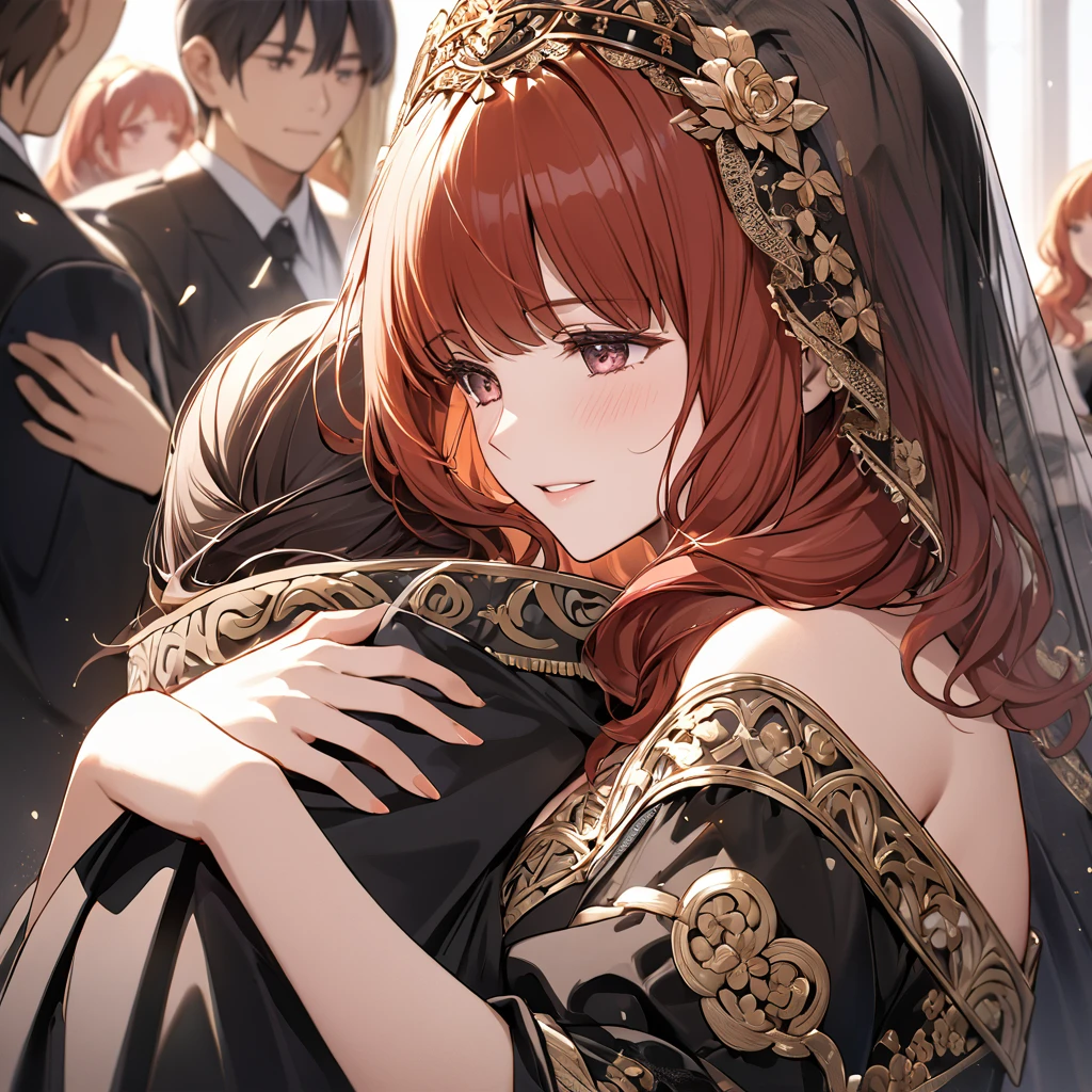 ((Highest quality)), ((masterpiece)), (detailed), （Perfect Face）、The woman embracing the old, strong Emperor and celebrating their wedding is Celica, with red hair.、The woman is wearing a black wedding dress with rich gold embroidery and trim, and a black wedding veil.