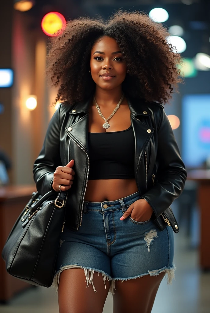 Femme cheveux frisé attaché veste cuir mini short jean grand sac a main, elle est grosse et presentatrice télévisée