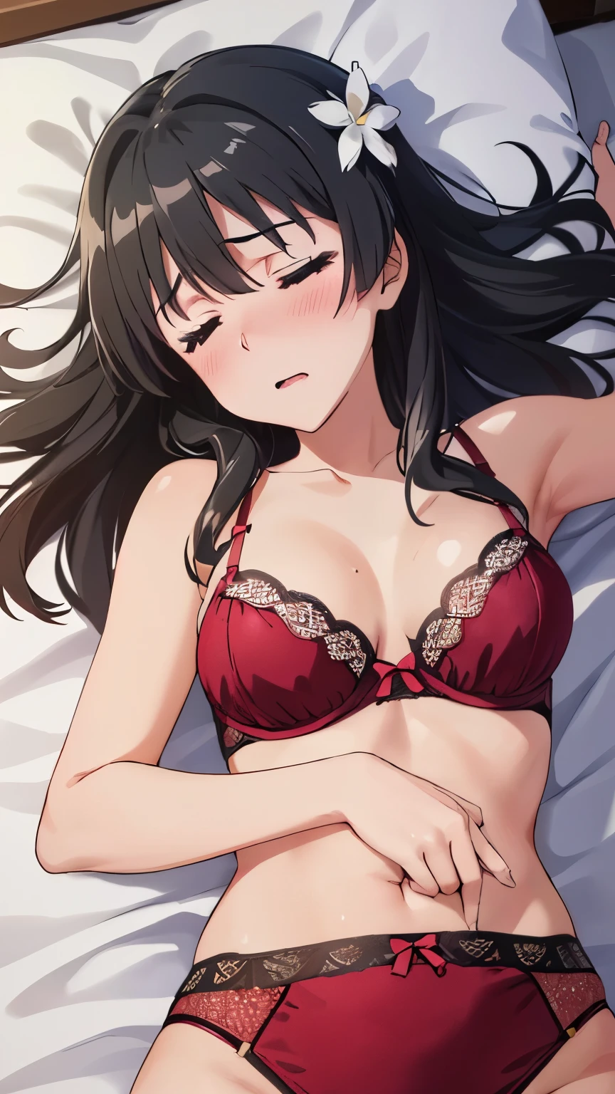 (masterpiece, best quality, high resolution, 8k:1.2), Anime coloring, pixel perfect, Perfect in every detail, alone, 1 girl, Saten Ruiko, medium breasts, nffsw, (gorgeous nightclub background), (embarrassed expression, blushing), (dynamic sexy pose), (lingerie, sexually seductive, ), (sleeping in bed, lying on back, from above:1.2)