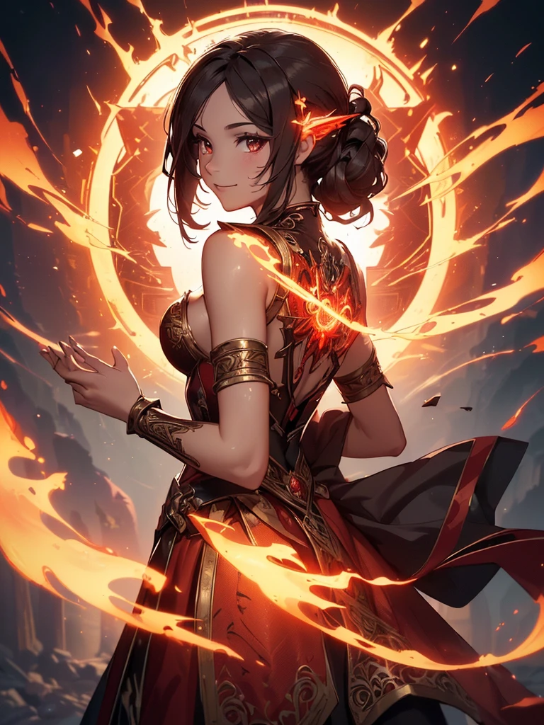 (((best quality, sharp image, clear image, cinematic lighting, 8k resolution, masterpiece, ultra detailed, intricate))) Girl, sorcerer, cute, intricate dress, smiling, fiery red, ((intricate background)), (rune frame), dimension, ((shot from behind)), (fire sigils), chaotic background, ((half-body shot))