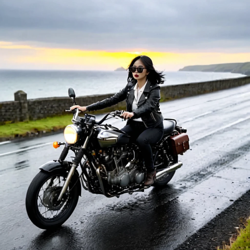 (Backlight:1.4)、(The motorcycle and rider are silhouetted in the setting sun.:1.4)、(The sun sets:1.2)、(Ride a classic motorcycle:1.2 )、(Vintage Bikes、Bluff Superior SS100)、Beautiful young Japanese woman、Beautiful Face, Black Hair, Short Bob Hair, Red classic leather jacket、sunglasses、(Accurate motorcycle shape)、(Photograph the entire motorcycle:1.2)、 BREAK Coastal road with ocean view、After the Rain、British coastal scenery、Blur the background、Artistic photography、Motion Blur、Realistic、High Contrast、(Highest quality, masterpiece, High resolution)、8k、wallpaper、