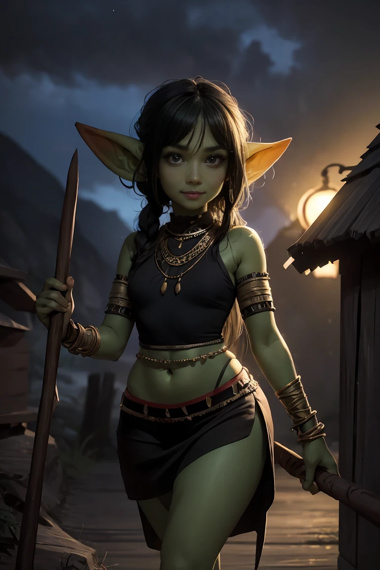 absurdrez, 1 girl, solo ((best quality)), ((masterpiece)), (detailed), 4k, green skin, small pointy ears, small ears, very very small goblin girl wearing revealing tribal clothing, 3 feet tall, graceful, exotic, black hair, walking towards the entrance of a hut, wearing a tribal top and a very short skirt, jewelry, looking at the viewer, outdoors, at night, carrying a spear, dynamic pose, outside a hut, outside a tribal hut, sexy smile, cinematic photo, jewelry, cowboy photo, best quality, Ultra-detailed