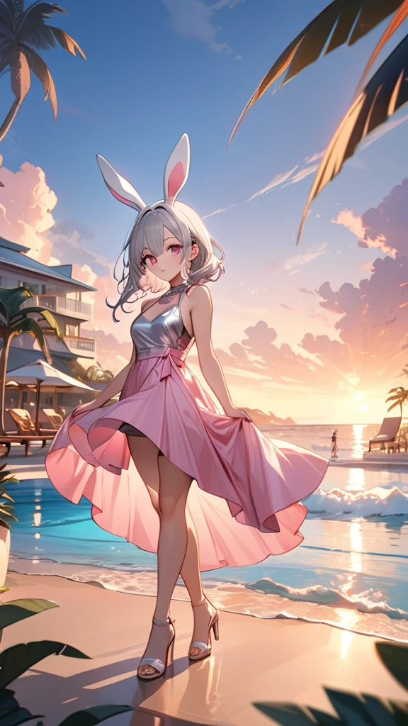 tropical,Resort,whole body,Sunset,(masterpiece, Highest quality:1.2), Silver Hair,Long pink dress,Pink eyes,Bunny ears,One person, One personで,Shortcuts, girl&#39; I'm in love with you, Dynamic Random Shot, ARW