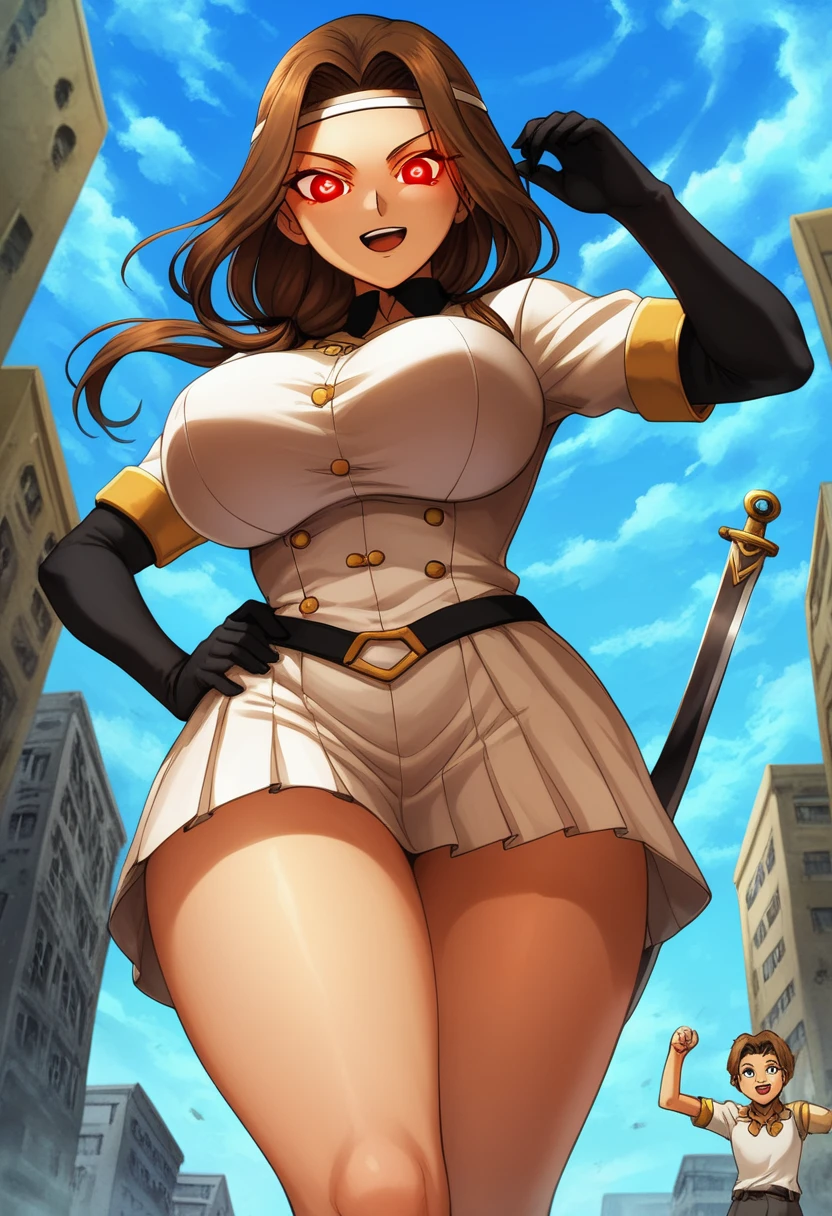 ultra-detailed, best quality, high-resolution, detailed face, detailed beautiful face, detailed eyes, detailed beautiful eyes, retro anime style, cartoon style, front view, from bottom, low angle, powerful shot, powerful effects, dynamic effects, dynamic shot, 8K, anime screencap, 

athletic curvy physique, inverted body type, attractive feminine curves, big breasts, curvy legs and arms, feminine curvy figure, (thick thighs, thick calves, thick voluptuous legs, big curvy hip, bare knees, bare thighs), ((style of plump voluptuous body)), plump thighs, plump calves,

black calf boots, leather lace boots, white dress armor, gold metal epaulettes, navy pleated mini skirt, black elbow length gloves, leather gloves, 

brown long hair, red glowing eyes, (SuperQuality:1.0) ~ (SuperQuality:1.2), 

1 beautiful giant boy who is a brilliant knight, looking down with evil smile, (elegantly walking on road between buildings, chasing small people around his steps, looking down people around his foot, put hand on hip, holding long sword in another hand, crossed legs, size difference), rampage, corrupted city, destroyed buildings, corrupted buildings, scattered rubble around his feet, cracks on the road she walked along, trampling tiny human with his foot, trampled human, dusts rolled up every she steps, overwhelming, terrible, 

building size, 1boy, kurosaki makoto, long hair, red eyes, brown hair, headband,