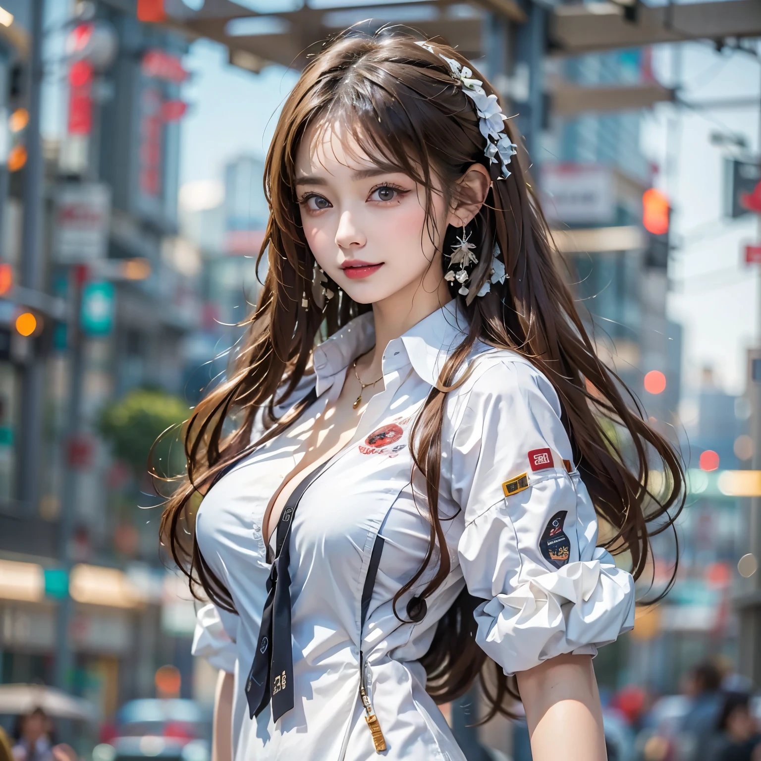 ((Highest quality)), ((masterpiece)), (detailed), ((Highest quality))、8k、High resolution、Perfect Face, Japanese、20-year-old、woman、Long Hair、Brown Hair、Earrings、necklace、Large Breasts、Cleavage、Perfect Anatomy、Anatomically correct body、White collared shirt、The city of 2050、Life in the Future City