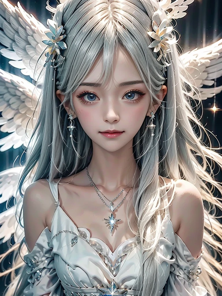 top-quality, 8K, ultra-detailliert, 1girl in, Angelic appearance, (Silvery hair:1.3), pigtails hair, Eyes are blue, blush, Looking at Viewer, (A smile:1.5), Hair Bow, (Angel wings grow:1.4), White and beautiful dress, (One large ribbon in the hair:1.1), Solo, femele, Upper body, (-yeld gi1.2), The body is facing forward