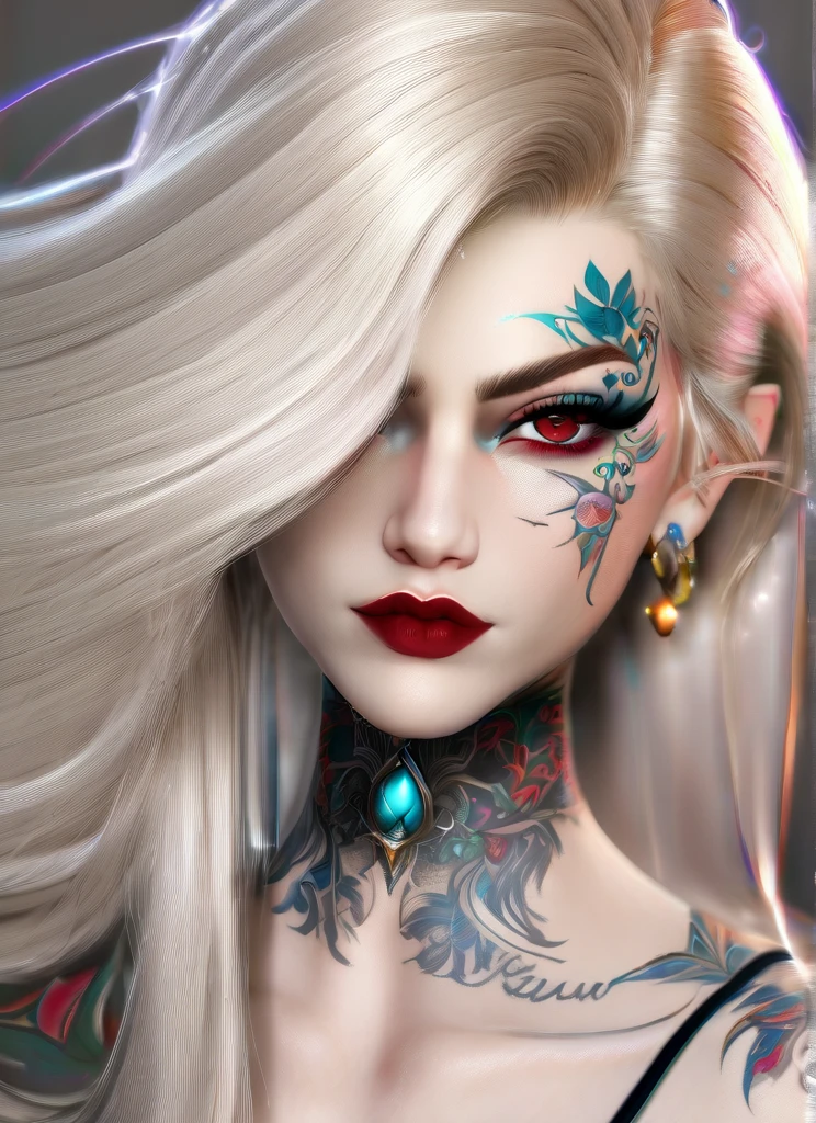 A 25, yeard old girl (highly detailed women face) with long blond hair and (beautitgdetalld green eyes:1.2/closed mouth:1.2), some facial imperfections, ultra detailed, beautiful girl, real human wet skin, striking features, beautiful, intricate details, tension, contrast, (texture:1.1) (realism:1.1) a lots of freckle ((dark red lipstick)) ((Neck tattoo))
