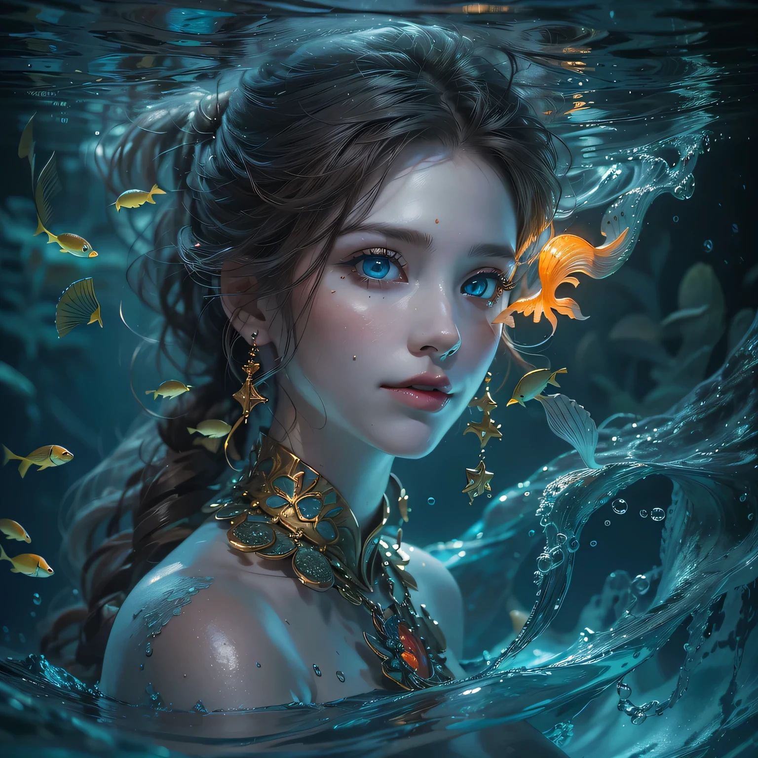 (RAW shooting, 32k, highest quality, masterpiece, Ultra-high resolution), (Deep sea at night:1.0, Dramatic moonlight:0.7, Mysterious underwater world:1.3, Expressions of sadness:1.0), Only the upper body is shown, Fractal Art:1.3, Perfect dynamic composition:1.2, Very detailedな肌と顔の質感:1.2, (Beautiful shell and coral decoration:1.0, Surrounded by lots of colorful fish, Rich underwater vegetation), The subject is far away, Dynamic flow of water waves:1.2, Slim mermaid figure, Shimmering Scales, Mermaid tail, elegant and sophisticated, Fair skin, Incredibly slim body:0.8, Very beautiful face, Water droplets on the skin, Very accurate, Very detailed, Gorgeous silver shiny dress portrait, Big eyes that exude beauty, Beautiful big lips,, Unreal atmosphere, necklace, Earrings, bracelet