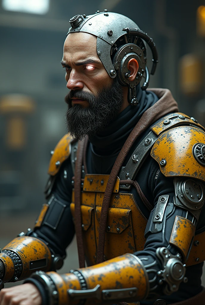 Cyberpunk photo, middle aged man, bald, no hair, with a thick dark beard, just a little gray on the tip of the chin, little gray, cyborg, facial implants, muscular body, mechanical body, mechanical arms, mechanical skeleton, rusty armor, neon background, dark background, eye contact, looking at the viewer, masterpiece, best quality, perfect details, perfect face details, perfect eye details, perfect skin details, depth of field, perfect lighting, full body