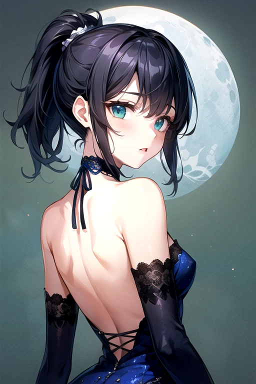 (Highest quality)、(Highest quality)、cute、(choker).eyes are emerald、(ponytail)、(Black Hair)、(backless dress).(navy blue lace dress).