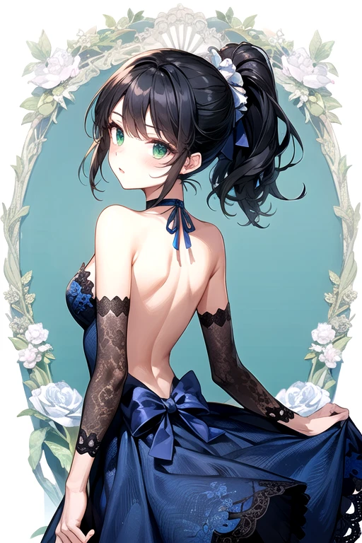 (Highest quality)、(Highest quality)、cute、(choker).eyes are emerald、(ponytail)、(Black Hair)、(backless dress).(navy blue lace dress).