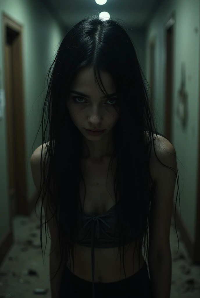 Girl with pale skin and long hair., Straight black hair. Large and dark eyes , with a tense and mysterious expression on his face. bare tits and nipples. chest out, drool from mouth, fucked doggystyle, all wet. in mucus, big ass, amazing photo General, her appearance would be amazing, attracting curious and intrigued glances. flat torso, cinematic lighting, Chromatic aberration, backlight, masterpiece, high detail, High quality, 4K.