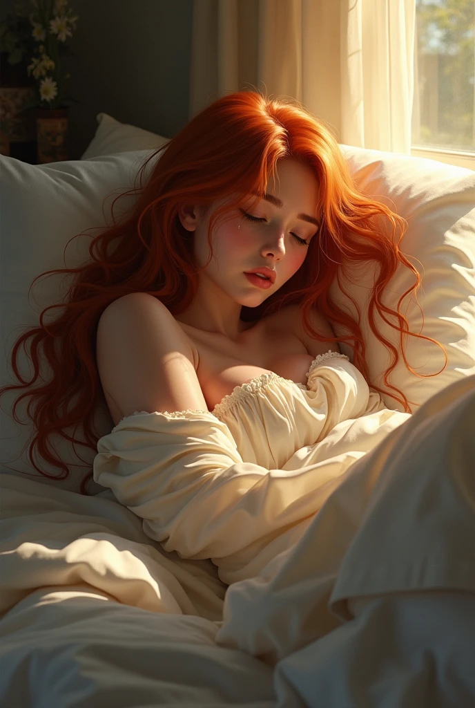 photorealistic image of a woman, ultrarealistic, photography, long red hair, woman, 24 years old, hourglass figure, perfect body, Flirty look, natural medium breasts, she is naked, in the bedroom, in bed, she is laying in bed on her back, naked, her legs are spread, she has her eyes closed and her mouth open, she is moaning
