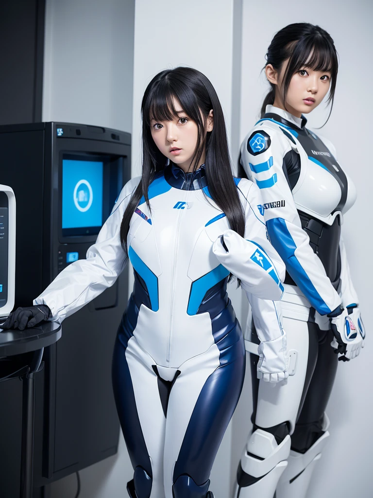 (Masterpiece, Best Quality, Best Resolution, Very Elaborate CG, Cinematic Lighting, Ray Tracing, Drop Shadows, Detail Detail, (Photorealistic), High Quality Textures, Realistic Look, Very Detailed, Sharp, High Quality, Leading Edge, Beautiful Rendering, Dramatic Pose, Detailed Shading): (Solo, Girl Alone, Japan face, short blue hair, cute girl face, short, small size breasts, sparkly blue eyes, eye level shots, pilot suit in white and blue color, tight-fitting clothes, clothes covering the whole body, light grin smile, beautiful, slim body, exoskeleton, heroine, headset, long boots, gloves, airplane control panel, tools, radar display, Touch panel, various indicators, levers, computer keyboard, mouse, warning light, fuel gauge, pressure gauge, base outside the window, control stick, thick manual, wireless communication device)